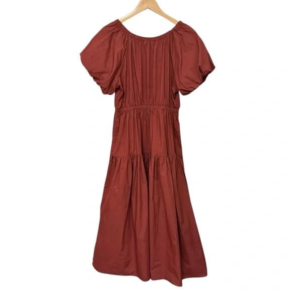 MOON RIVER | Cotton Puff Sleeve Tiered Midi Dress in Brick, Size Large - Picture 7 of 12